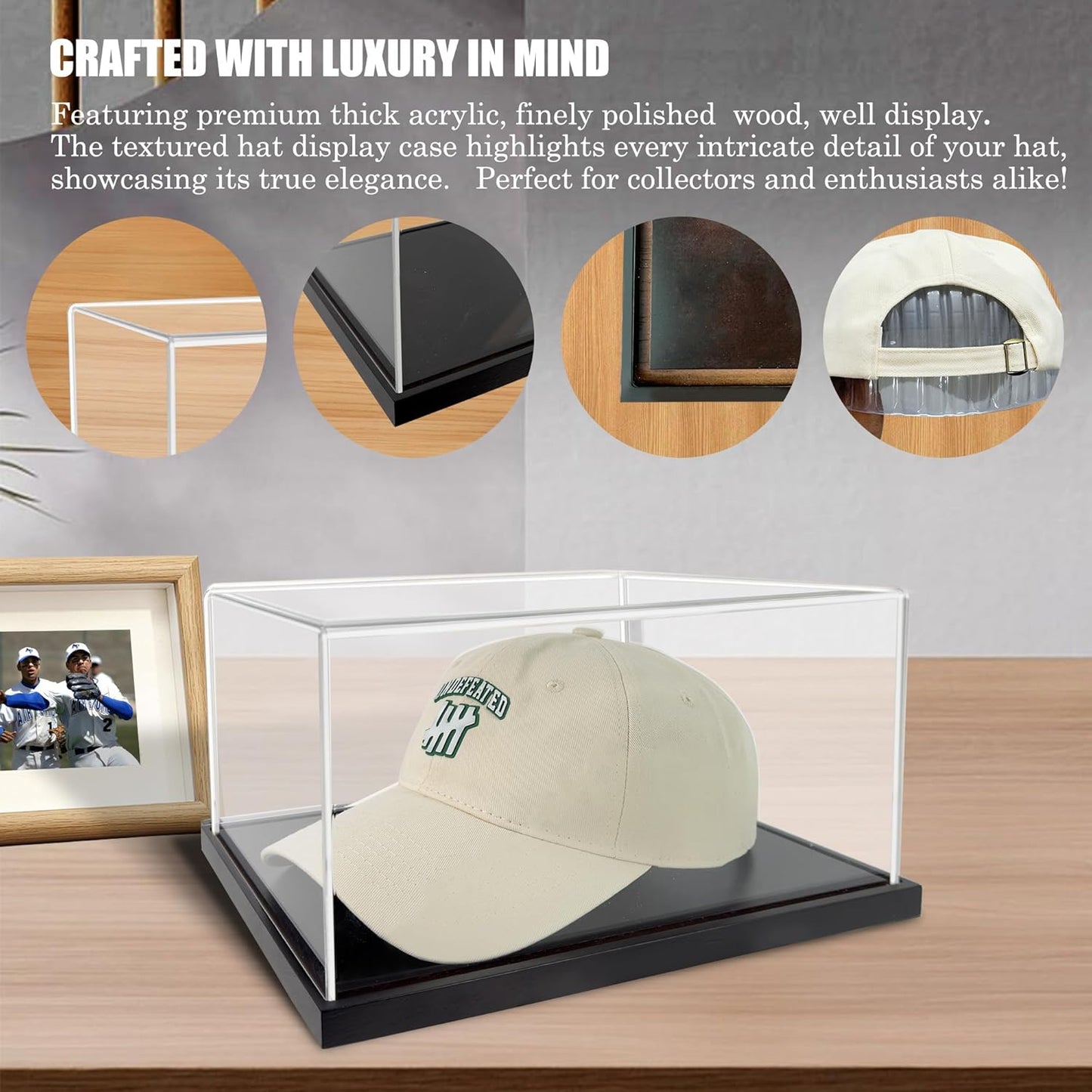 Hat Display Case,Clear One-Piece Acrylic Baseball Cap Display Showcase with Solid Wood Base & UV Protection,Include Hat Shaper for Collectors,Signed Caps and Memorabilia Display,No Assembly Required