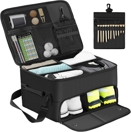 Golf Trunk Organizer for Car SUV with Shoe Compartment & Divider | 2-Layer Golf Storage Bag for Balls, Tees, Accessories | Waterproof Golf Locker Gift for Men, Dad, Golfers