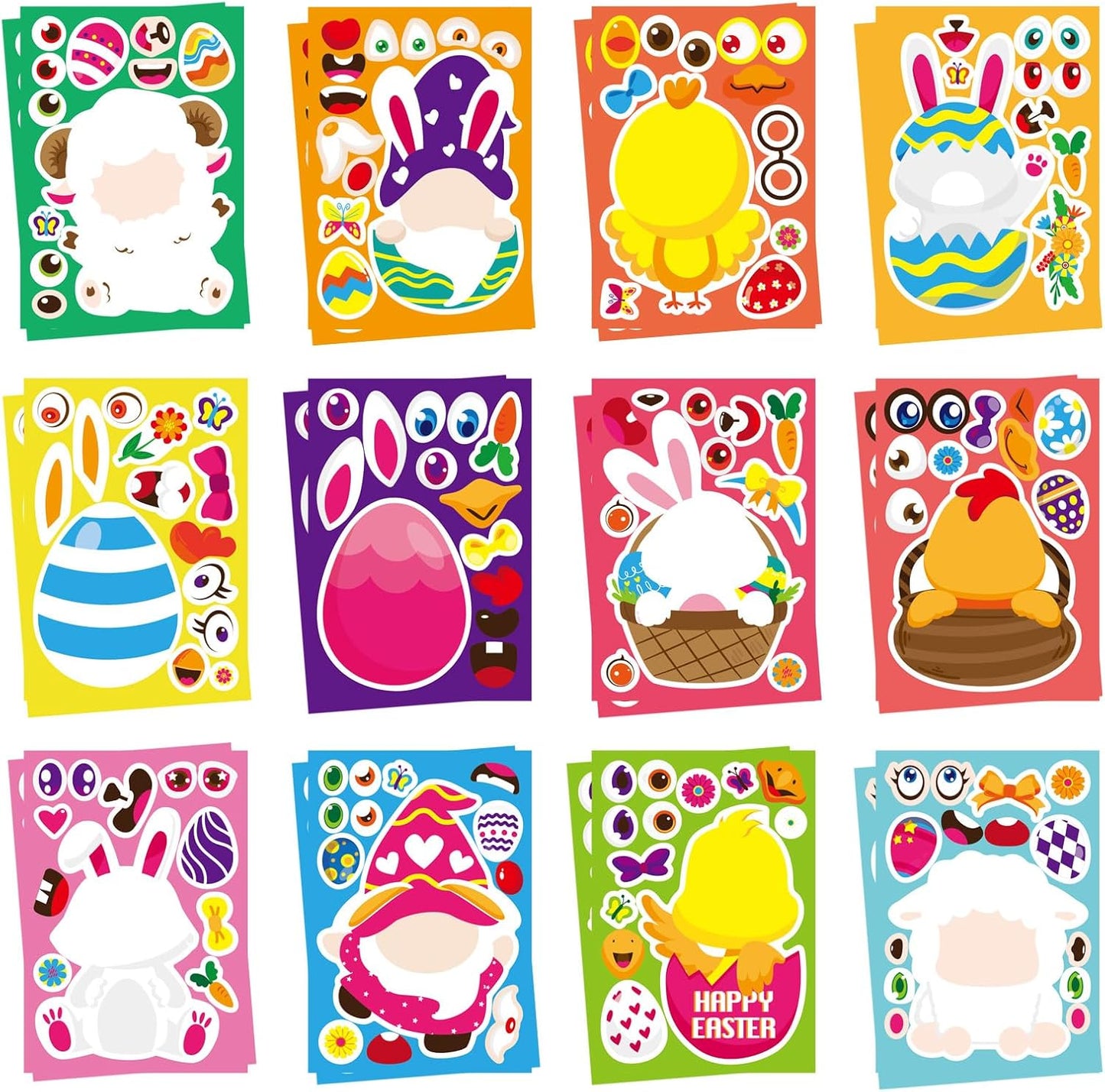 24 Sheets Easter Make-a-face Stickers for Kids, Make Your Own Easter Sticker for Boys Girls, Easter Eggs Bunny Chick Farm Animal Lamb Face Stickers for Family Schools Classroom Party Favor Supplies
