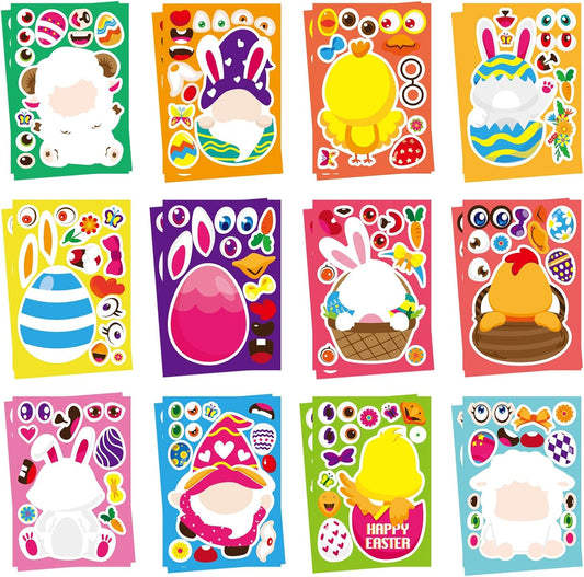 24 Sheets Easter Make-a-face Stickers for Kids, Make Your Own Easter Sticker for Boys Girls, Easter Eggs Bunny Chick Farm Animal Lamb Face Stickers for Family Schools Classroom Party Favor Supplies