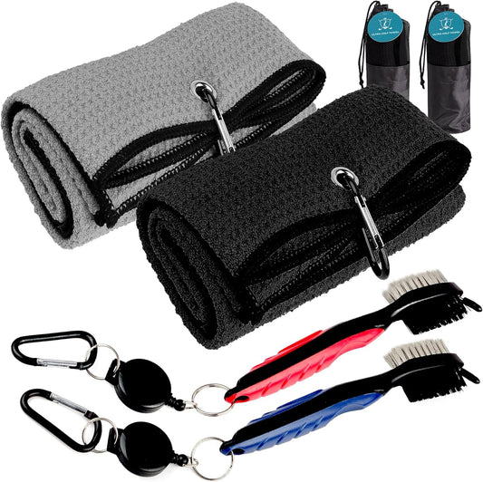 Blue Horizon Golf Towel and Brush Kit 2-Pack – Microfiber Towels with Carabiner Clip + Club Groove Cleaner Tool – Golf Accessories for Cleaning Clubs and Balls (Black and Grey)