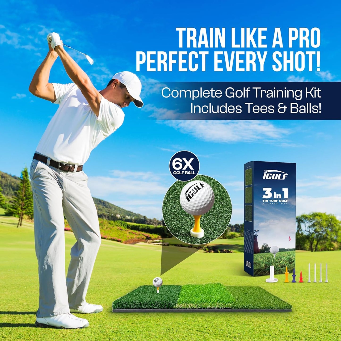 24" x 24" Tri-Turf 3 in 1 Golf Hitting Mat Indoor Outdoor Practice & Training Aid with Real Turf Feel, Non-Slip Rubber Base, EVA Cushion, Real Tee Support, Foam Balls & Tees Included for Driving Range