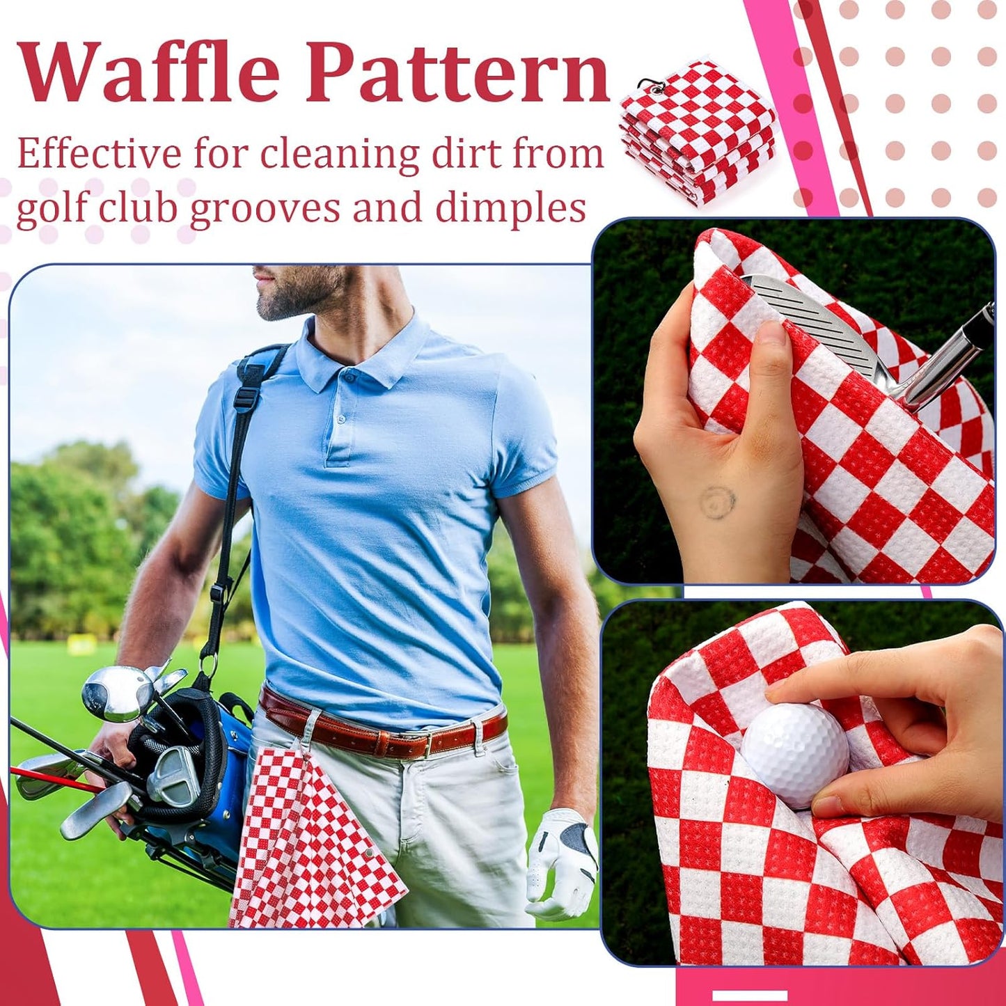 12 Pcs Golf Towels Bulk for Bags Microfiber Waffle Pattern Golf Towel with Clip 16'' x 16'', Ultra Absorbent Quick-Dry, Mini Tournament Yoga Fitness Men's Gifts(Ruby Red)