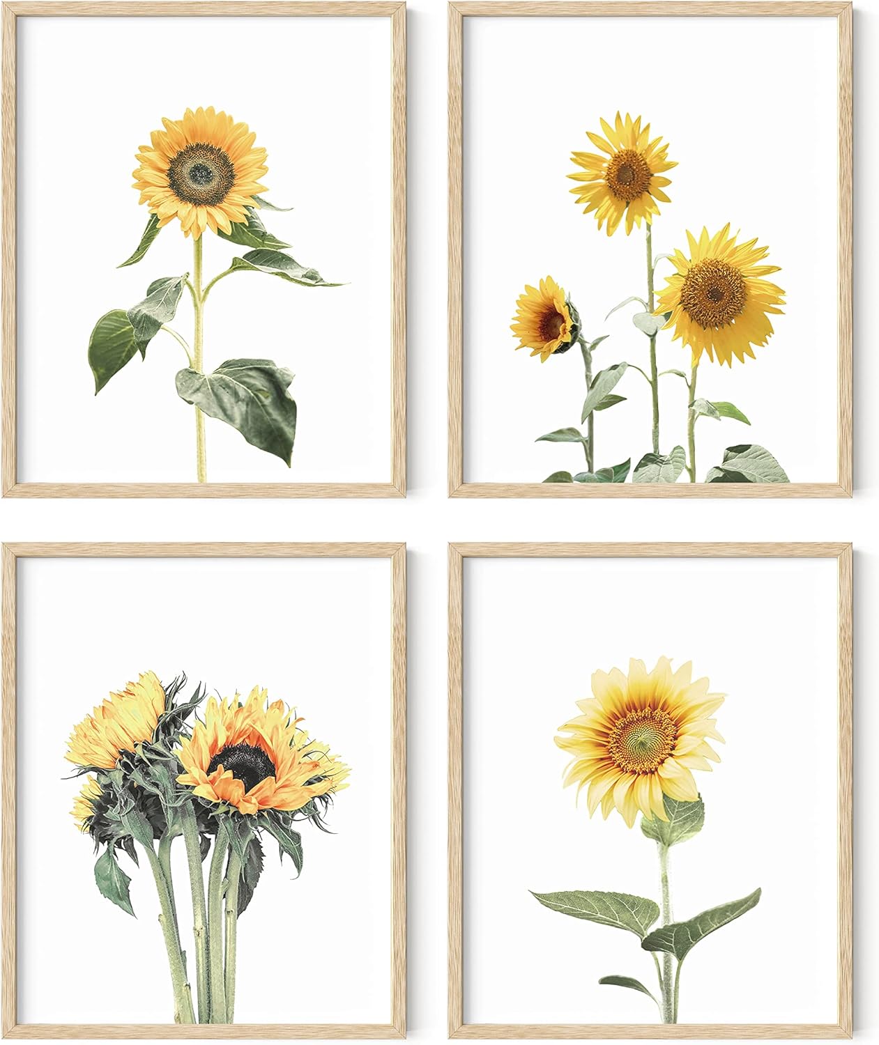 HAUS AND HUES Sunflower Posters - Set of 4, Floral Bedroom Decor, Sunflower Paintings for Wall, Yellow Kitchen Art (8x10, Beige Frame)