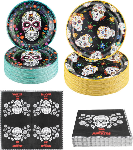 180Pcs Day of the Dead Party Supplies Paper Plates and Napkins Serve 60 Disposable Tableware Set for Birthday Party Decorations Game Day Family School Holiday Sports Events