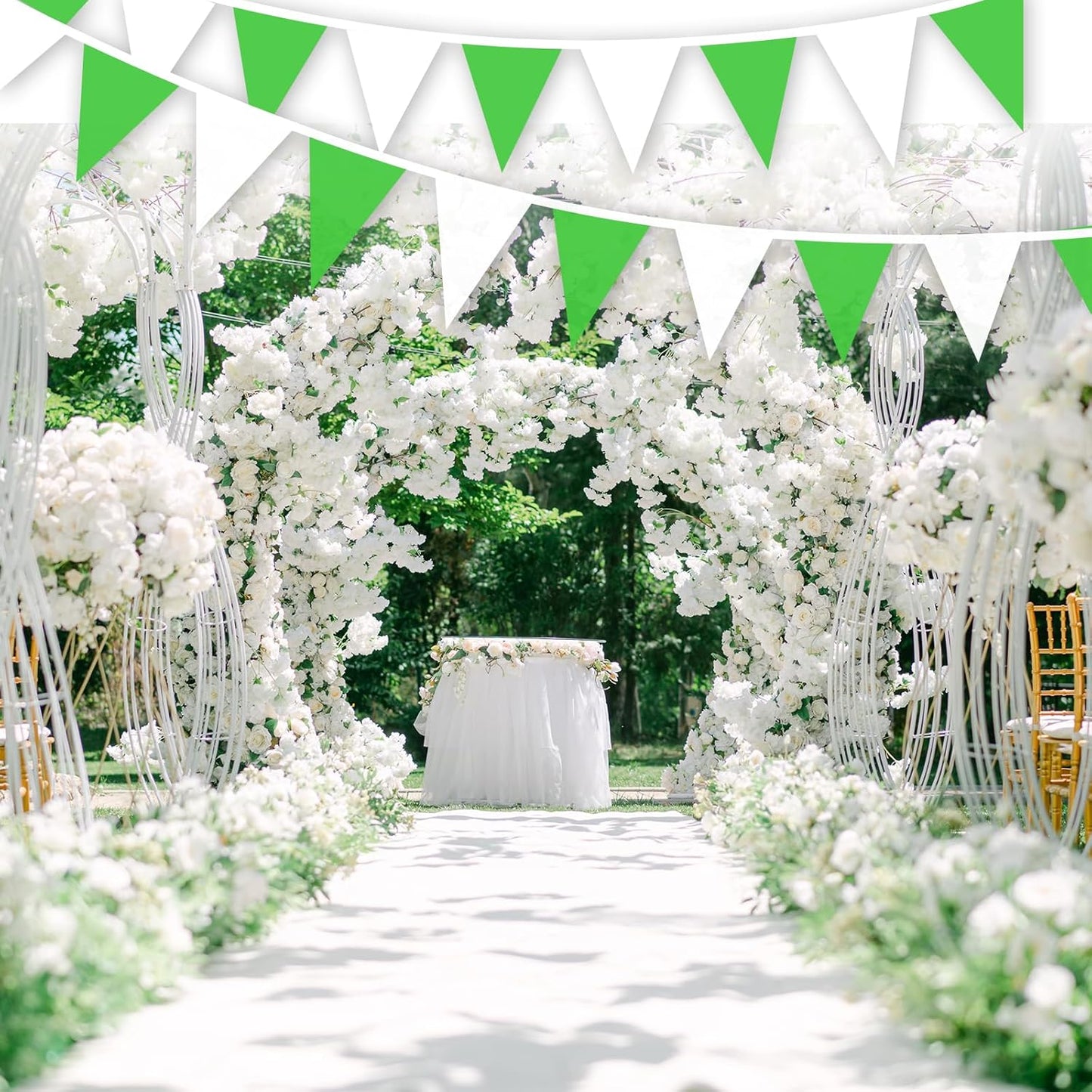 100Ft Green and White Pennant Banner Flags String Fabric Triangle Bunting Flag,Party Decorations for Wedding,Kids Birthday,Home Outdoor Garden Hanging Festivals Decoration,60 Pcs