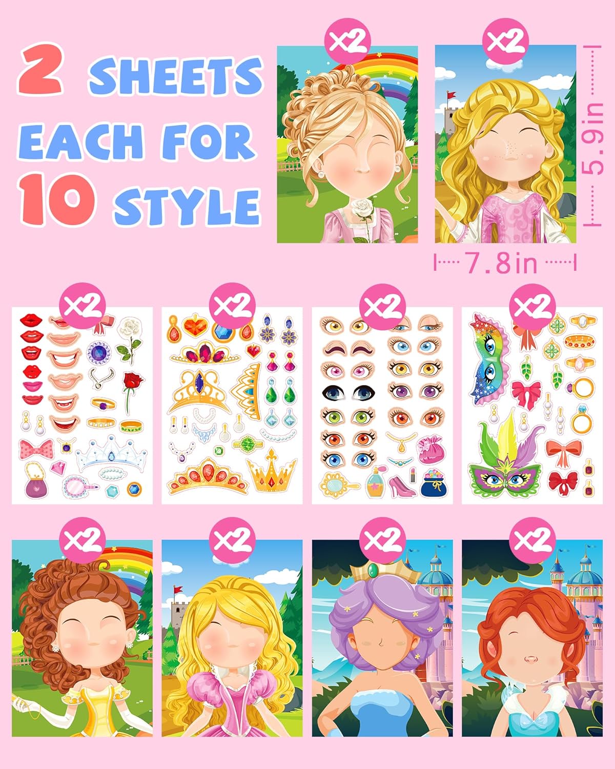 24 Pcs Make Your Own Princess Sticker Sheet, Princess Party Favors Face Stickers for Kids Girls Toddlers Crafts Activities Bags Birthday Party Favors Valentines Day Gifts for Kids Classroom