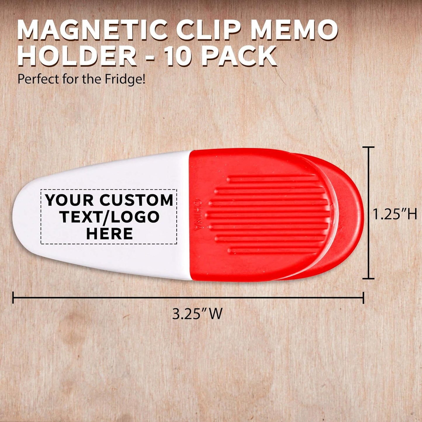 10 Magnetic Memo Holders Set - Customizable Text, Logo - Large Clip, Plastic - White Red
