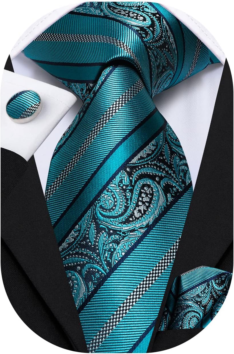 Hi-Tie Men 63inches Tie Set Extra Long Necktie Paisley Tie Pocket Suqare Cufflinks Big and Tall Men Tie