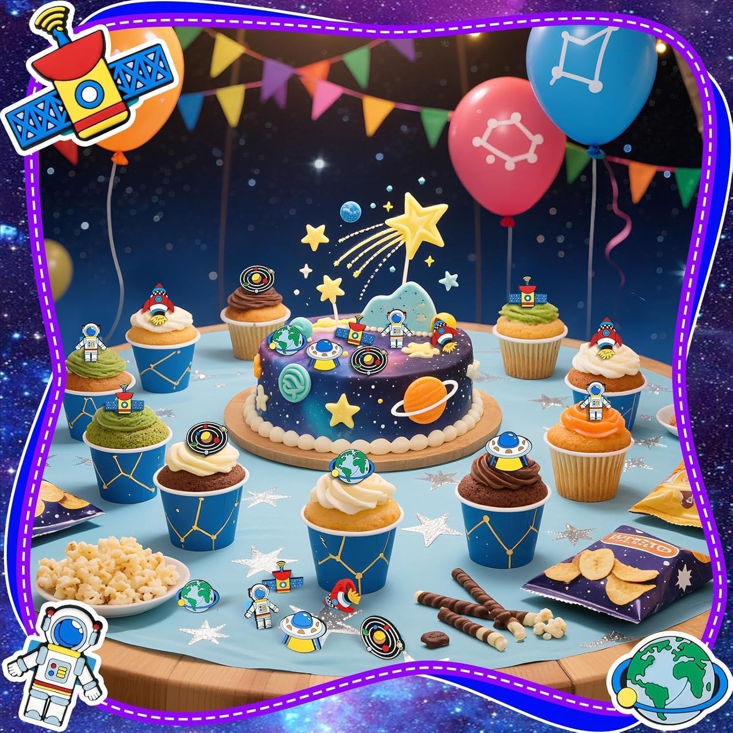 24PCS Space Astronaut Cupcake Ring Toppers Planet Rocket Spaceship Trip to the Moon Cupcake Picks Space Themed Party Cake Decorations for Baby Shower Birthday Party Supplies