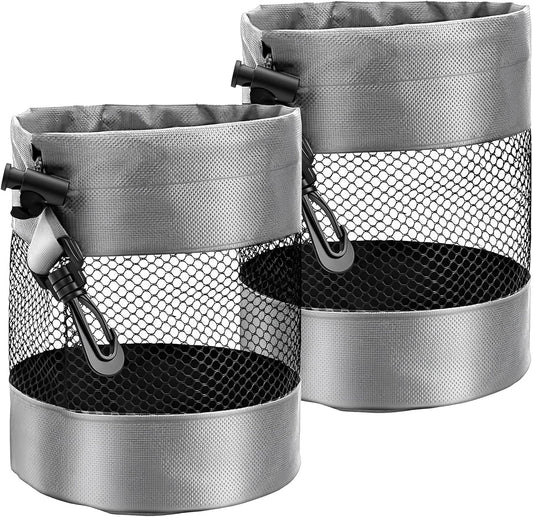 2 Pcs Golf Ball Pouch, Nylon Mesh Golf Ball Bag, 13 x 18cm/ 5.1 x 7.1 in Drawstring Golf Bag Organizer with Hook, Mesh Ball Bags for Billiards, Tennis, Kids Toys Storage, Grey