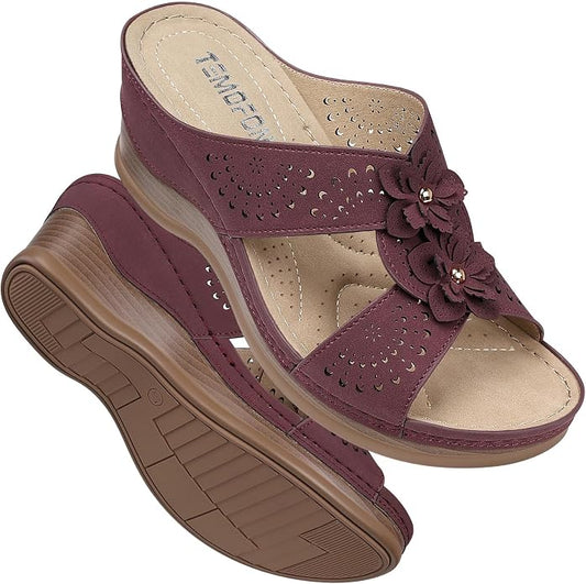 TEMOFON Womens Wedge Sandals Leather: Dressy Sandal, Rubber Sole, Comfortable by Temofon