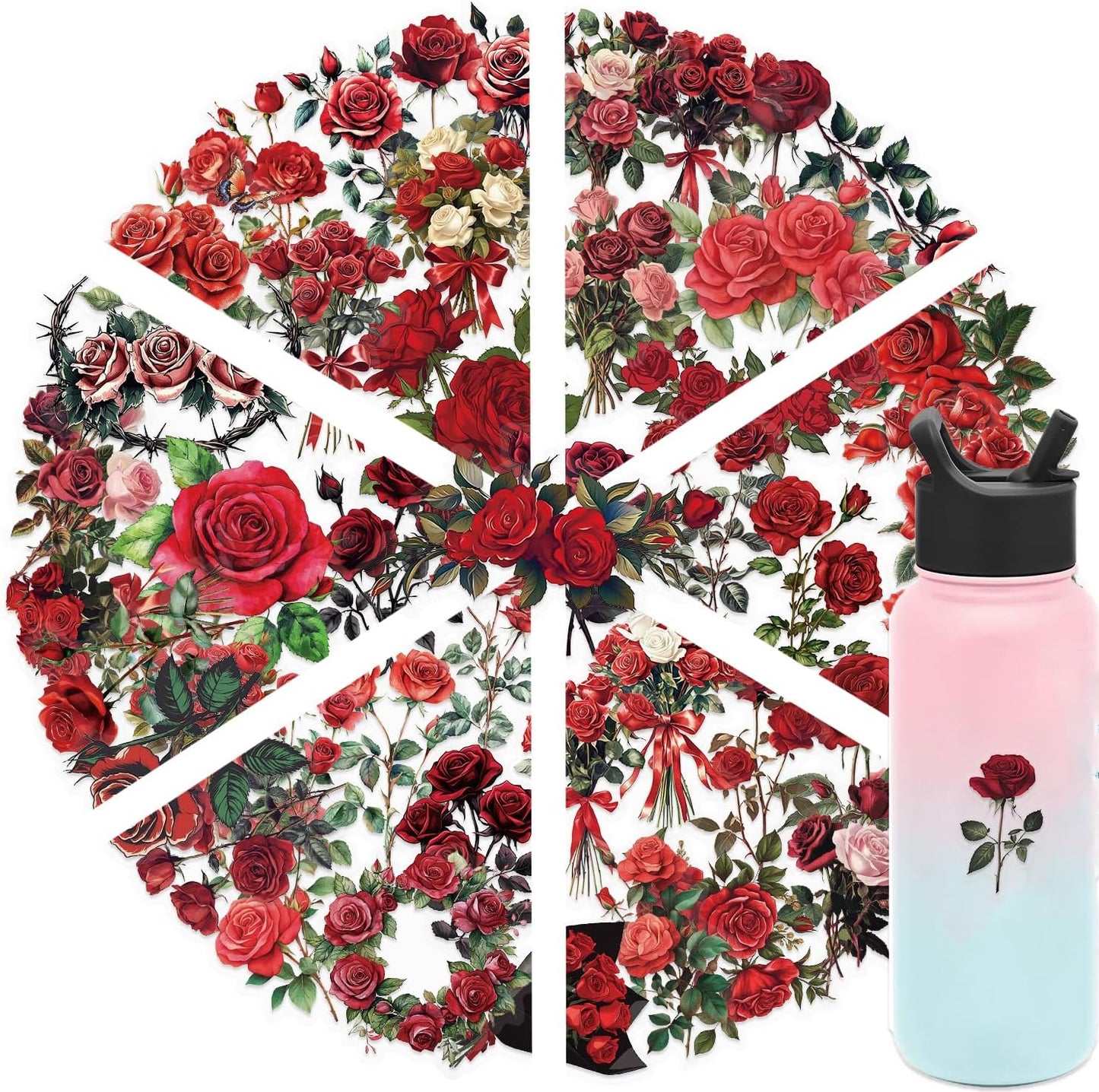 200 Pcs Natural Flower Stickers for Scrapbooking, Self-Adhesive Transparent Floral Stickers in 4 Colors, Journaling Supplies for Adult Card Making, Water Bottle Decoration (Vintage Rose)