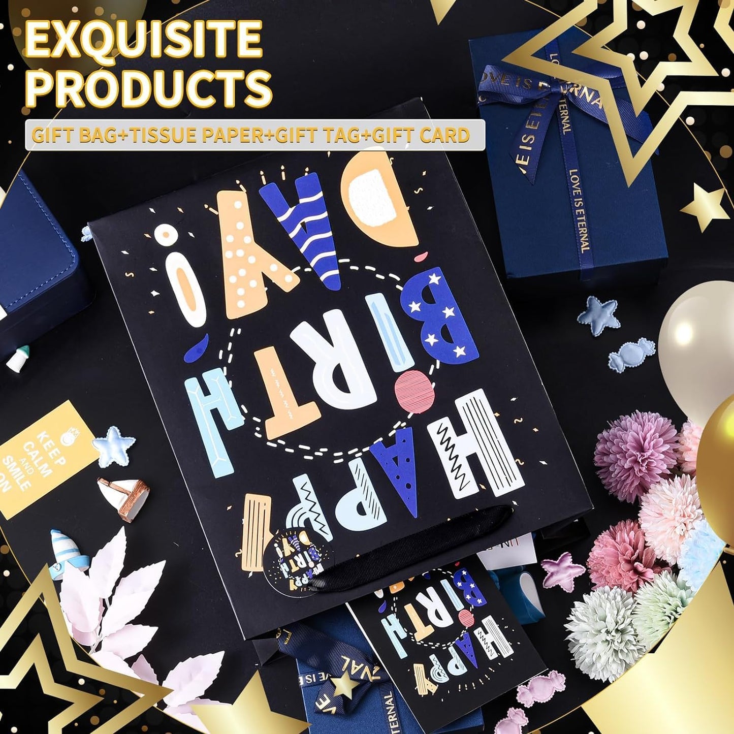 13" Black Happy Birthday Bag with Tissue Paper and Greeting Card for Party,Happy Birthday Gift Bag for Kids, Boys, Girls, Baby Boy,Men Women,Gift Bags Medium size (2 PCS Black, Kids Gift Bag)