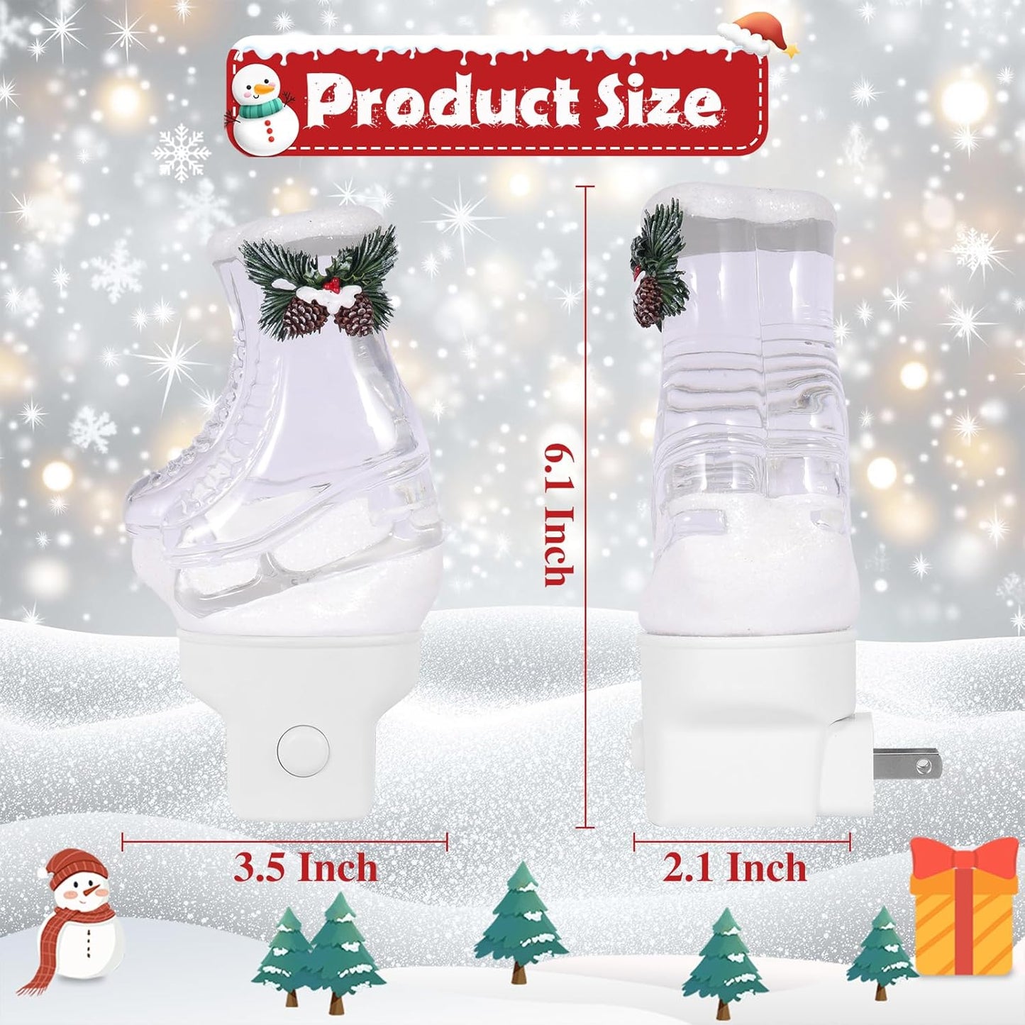 2 Pack Christmas Night Light Plug into Wall Glitter Water Nightlight with USB/Outlet Options, Christmas Ski Boots Decorative Nightlight for Bedroom Kitchen Holiday Decorations Gifts (Ski Boots)