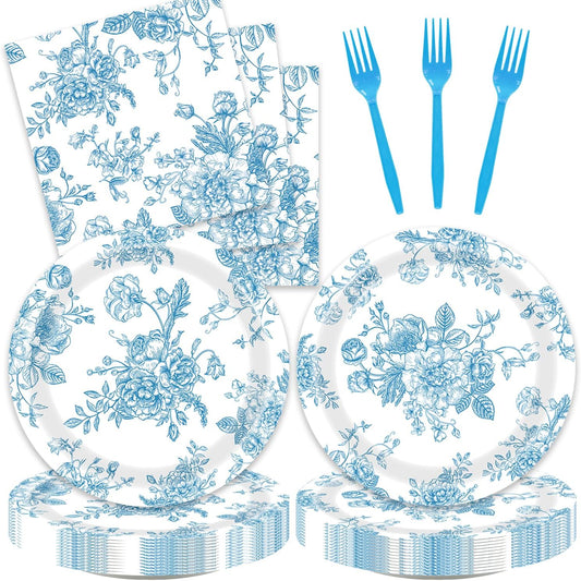 Blue Floral Birthday Decorations 48Pcs Blue and White Floral Theme Tableware Set Disposable Plates Napkins Forks Supplies for 16 Guest Baby Shower Wedding Party Decorations