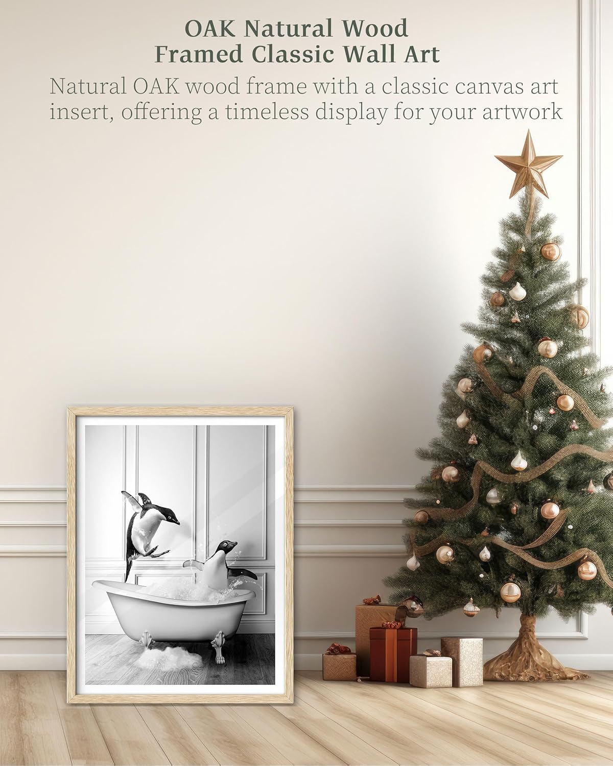 iHery Natural OAK Wood Framed Wall Art, 12x16 in Funny Bathroom Wall Art Decor, Penguin Bathing Animals Canvas Prints, Black and White Wall Decor Pictures For Bedroom Living Room Set of 1