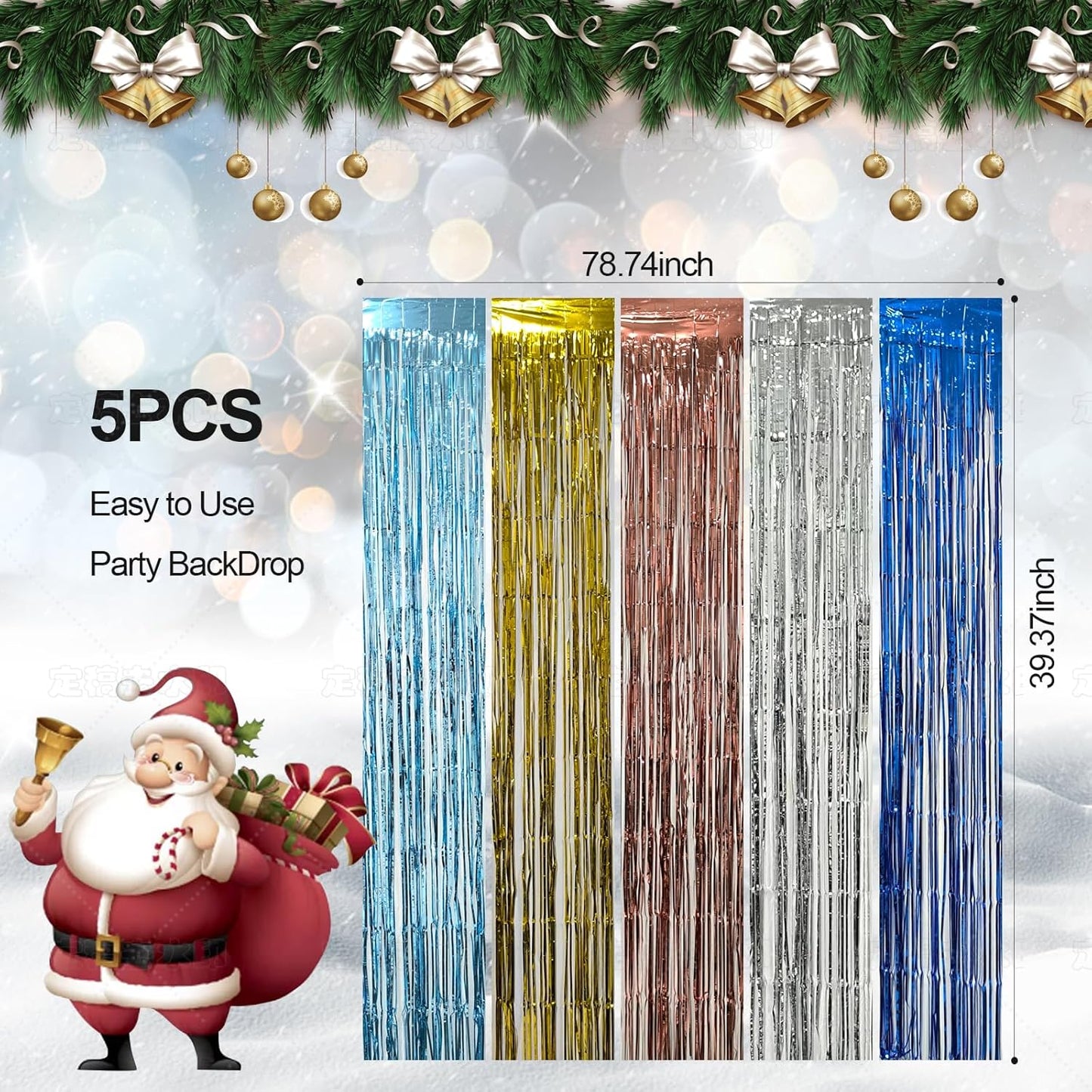 10 Pck Light Blue Foil Curtain Backdrop Metallic Tinsel Foil Fringe Curtains Photo Booth Props for Birthday Wedding Engagement Bachelorette Christmas Holiday Celebration Party Decorations Supplies