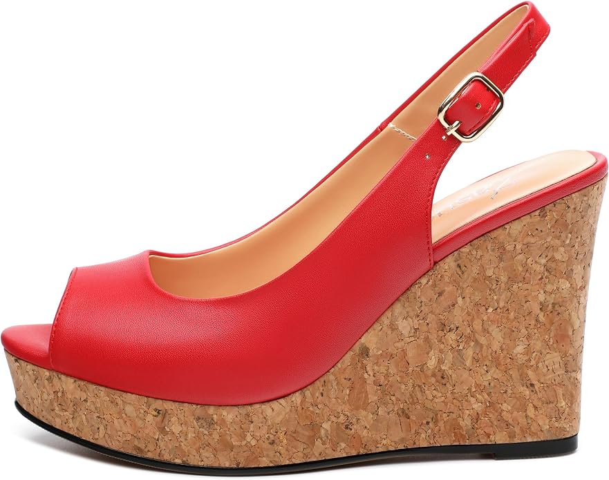 Womens Peep Toe Wedge Heels Matte Fashion Cork Slingback Pumps Platform Wedge - Image 2