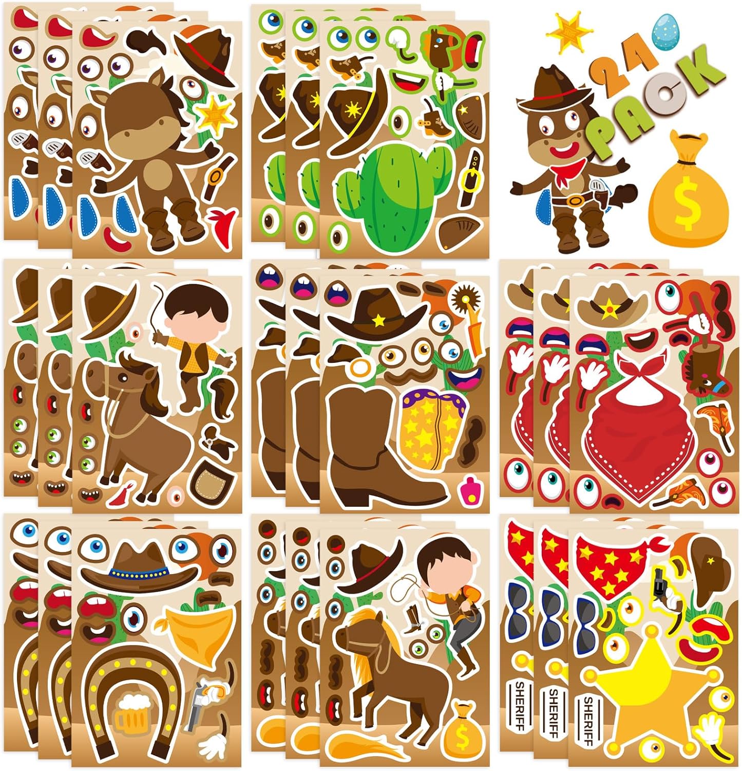 24 Sheets Western Cowboy Stickers, Make Your Own Cowboy Hat Boots Cactus Decals for Kids, Make a Face Sticker, Art Craft Party Favor Supplies