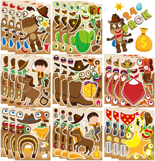 24 Sheets Western Cowboy Stickers, Make Your Own Cowboy Hat Boots Cactus Decals for Kids, Make a Face Sticker, Art Craft Party Favor Supplies