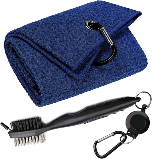 Golf Towels, Microfiber Waffle Pattern Tri-fold Golf Towel - Brush Tool Kit with Club Groove Cleaner, with Clip Men Women Golf Gifts (Navy Blue Towel+Black Brush)