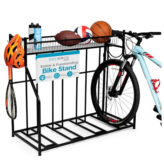 BIRDROCK HOME Bike Rack Garage Storage Floor Stand - Freestanding Organizer for Outdoor Yard - Upright Wall Mount for Scooters, Rakes, Motorcycles, Hoverboards, Gloves - Holds 4 Bicycle - Black