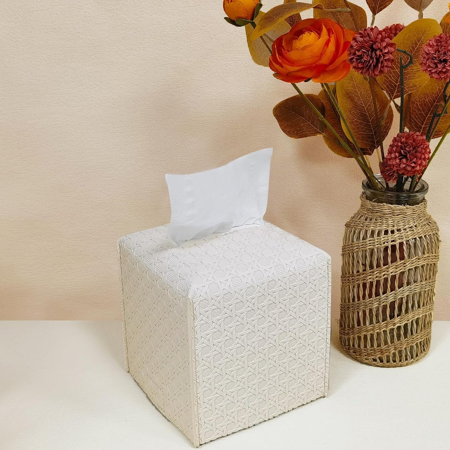HOMOTEK 2 Pack Tissue Box Cover,PU Leather Tissue Holder,Square Decorative Facial Tissue Cube Paper Organizer Dispenser for Bathroom, Night Stands, Desk, Car 5X5X5'' - Rattan Weave, Ivory