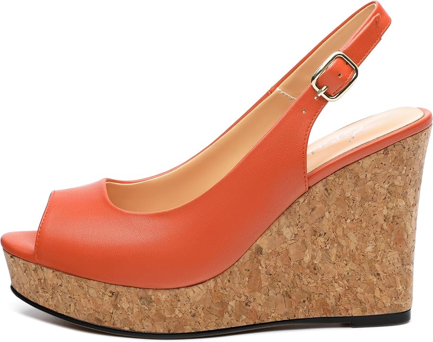 Womens Peep Toe Wedge Heels Matte Fashion Cork Slingback Pumps Platform Wedge - Image 2