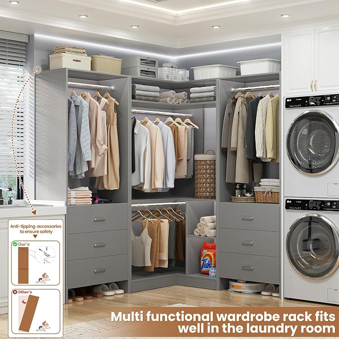 Aheaplus Closet System with 6 Drawers, 4 Hanging Rods & Corner Tower, Corner - Image 4