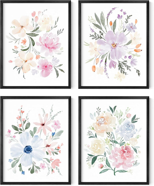 HAUS AND HUES Flower Wall Decor - Set of 4 Wall Art, Flower Painting, Floral Pictures (Black Aluminum Frame, 11x14)