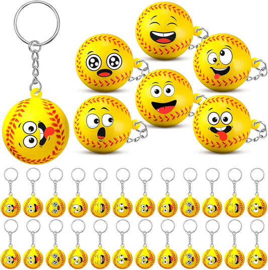 30 Pcs Softball Party Favors Sports Party Supplies for Boys Girls Funny Mini Face Stress Ball Keychains Cute Relief Balls for Softball Lovers Team Prizes Anxiety Relief Sport Sport Favors