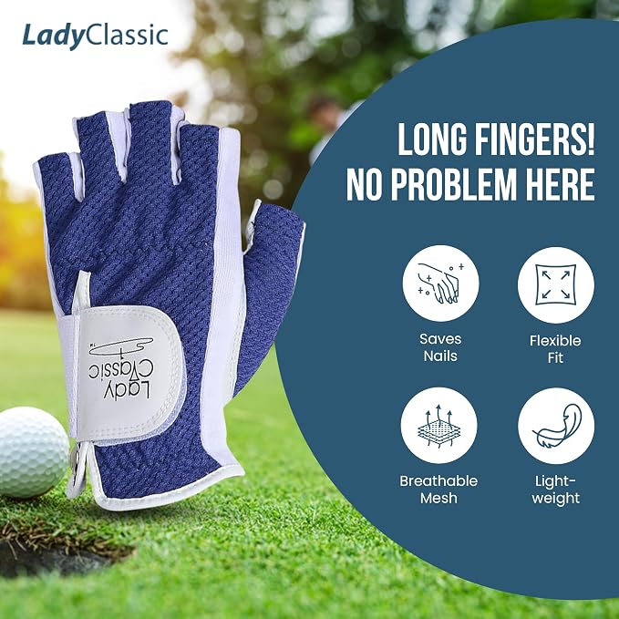 Mesh Half Golf Glove for Women – Premium Cabretta Leather Palm, Breathable Mesh - Image 2