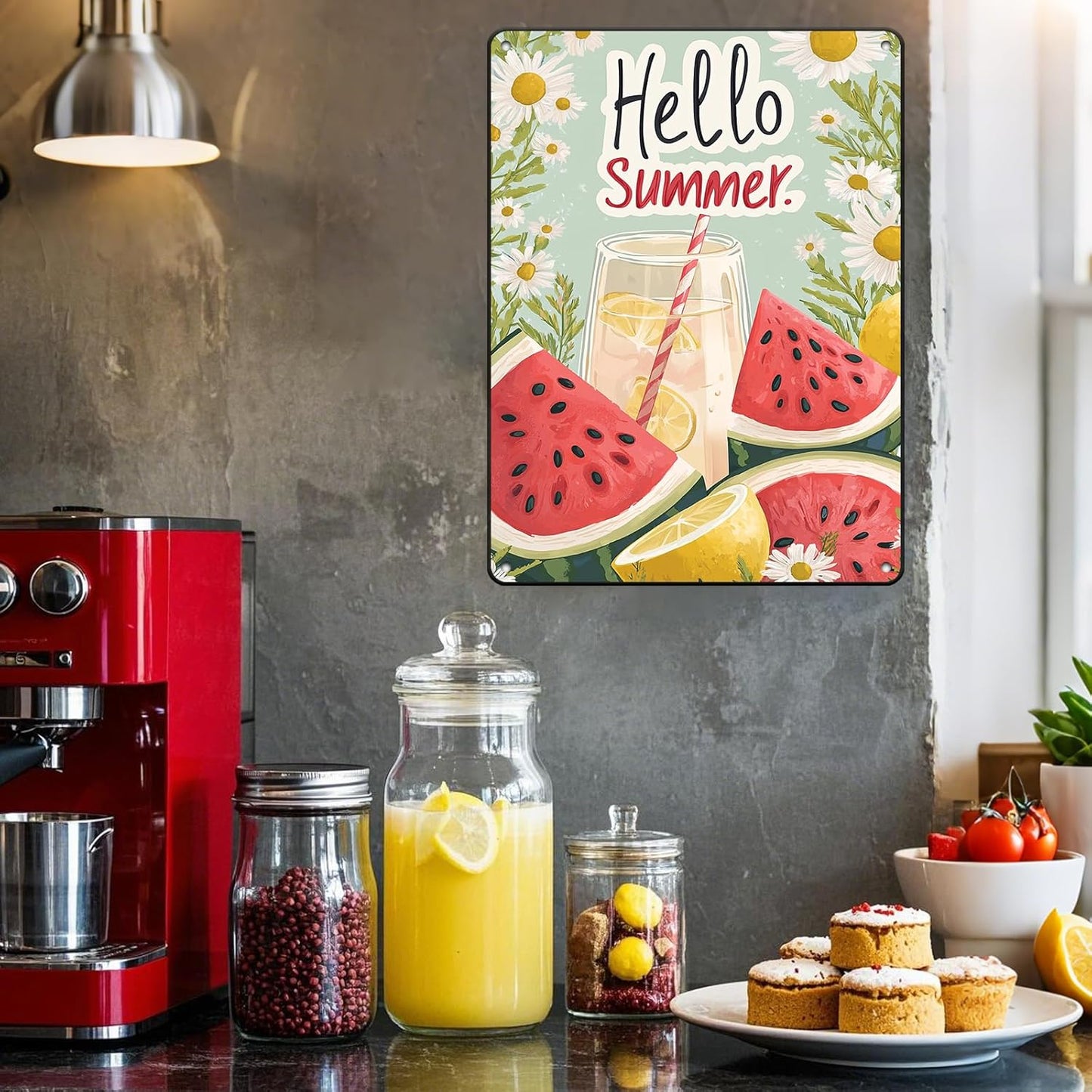 Hello Summer Vintage Tin Sign Watermelon Summer Decor Funny Wall Decor for Home Cafes Office Club 12x16 Inch