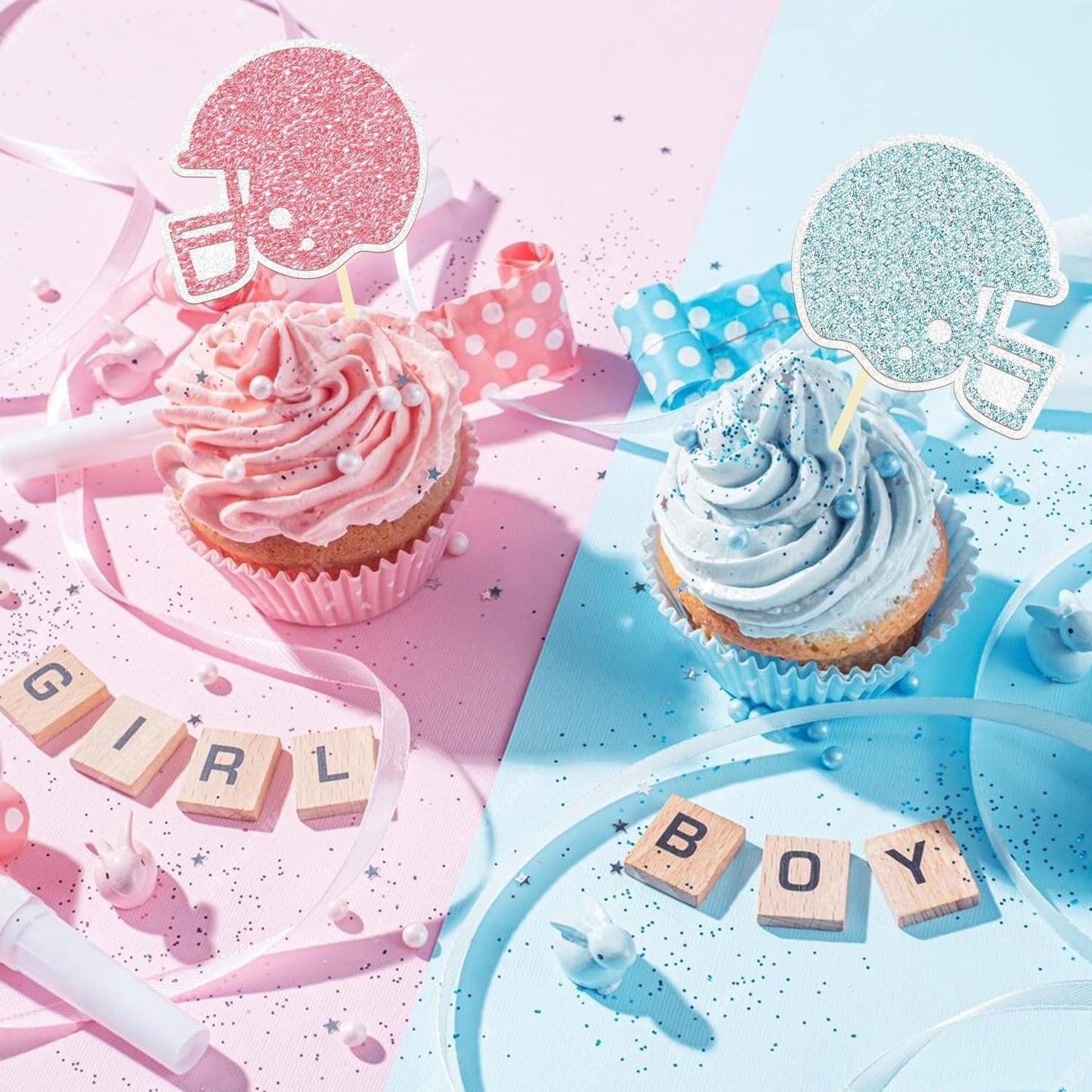 24 Pack Glitter Football Gender Reveal Helmet Cupcake Toppers Picks Boy or Girl Rugby Birthday Cake Toppers for Gender Reveal Baby Shower Birthday Party Decorations (Helmet)