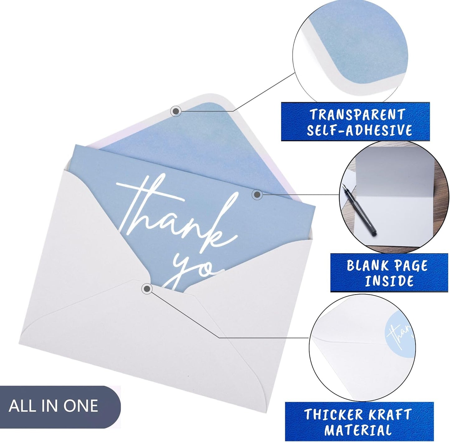 100 Bulk Light blue Thank You Cards with white Envelopes and stickers - 4 Minimalistic Designs Blank Thank You Notes with Envelopes for business Wedding Bridal Gift Baby Shower Business Graduation