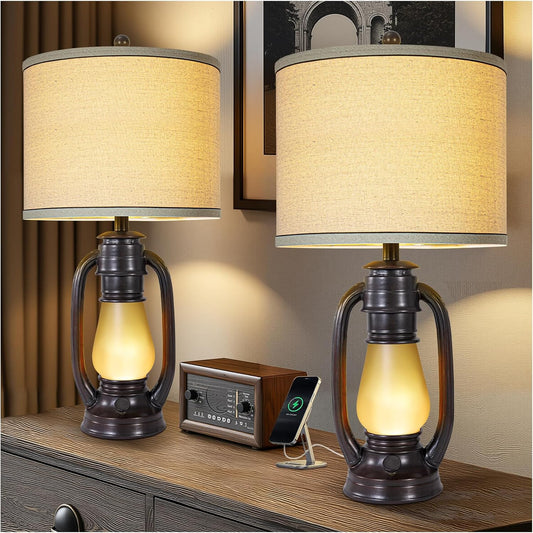26'' Vintage Lantern Table Lamps Set of 2, Retro Bedside Nightstand Lamp with Nightlight and Linen Shade, Rustic Desk Lamp with USB A+C Ports, Farmhouse Table Lamps for Living Room Bedroom Study room