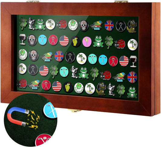 40 Golf Ball Marker Display Case Full Magnetic Backing 15.5" W x 9.5" H Wall Mount Wooden W/98% UV Acrylic Door Lockable Storage Display Box for Ball Marker Collection (Brown)