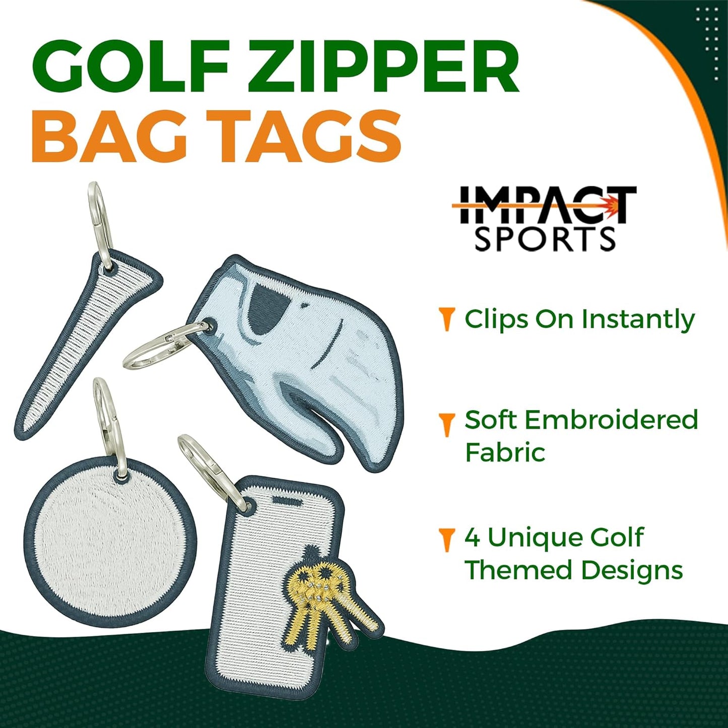 Impact sports Golf Zipper Bag Tags – Set of 4 Fabric Golf-Themed Zipper Pulls – Includes Golf Ball, Glove, Tee, and Phone Tag – Stylish and Functional Golf Bag Accessories