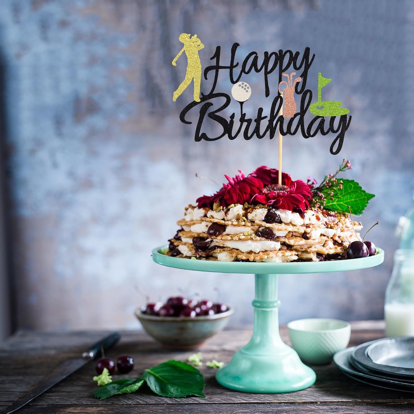 1Pc Golf Cake Topper Golf Happy Birthday Sign Cake Topper Golf Ball Player Cake Decorations for Sport Theme Man Boy Girl Birthday Party Supplies