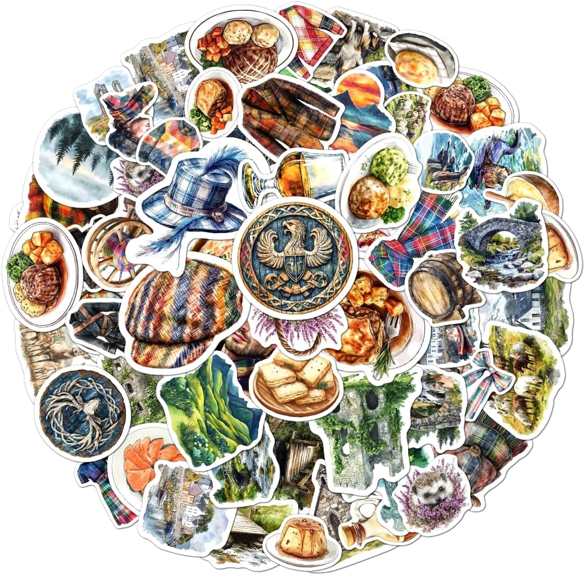 108 PCS Scotland Travel Stickers, Waterproof Vinyl Scottish Vacation Decals, Watercolor Aesthetic Stickers for Journals, Tumblers, Scrapbooks, Laptop, Phone, Guitar, Luggage