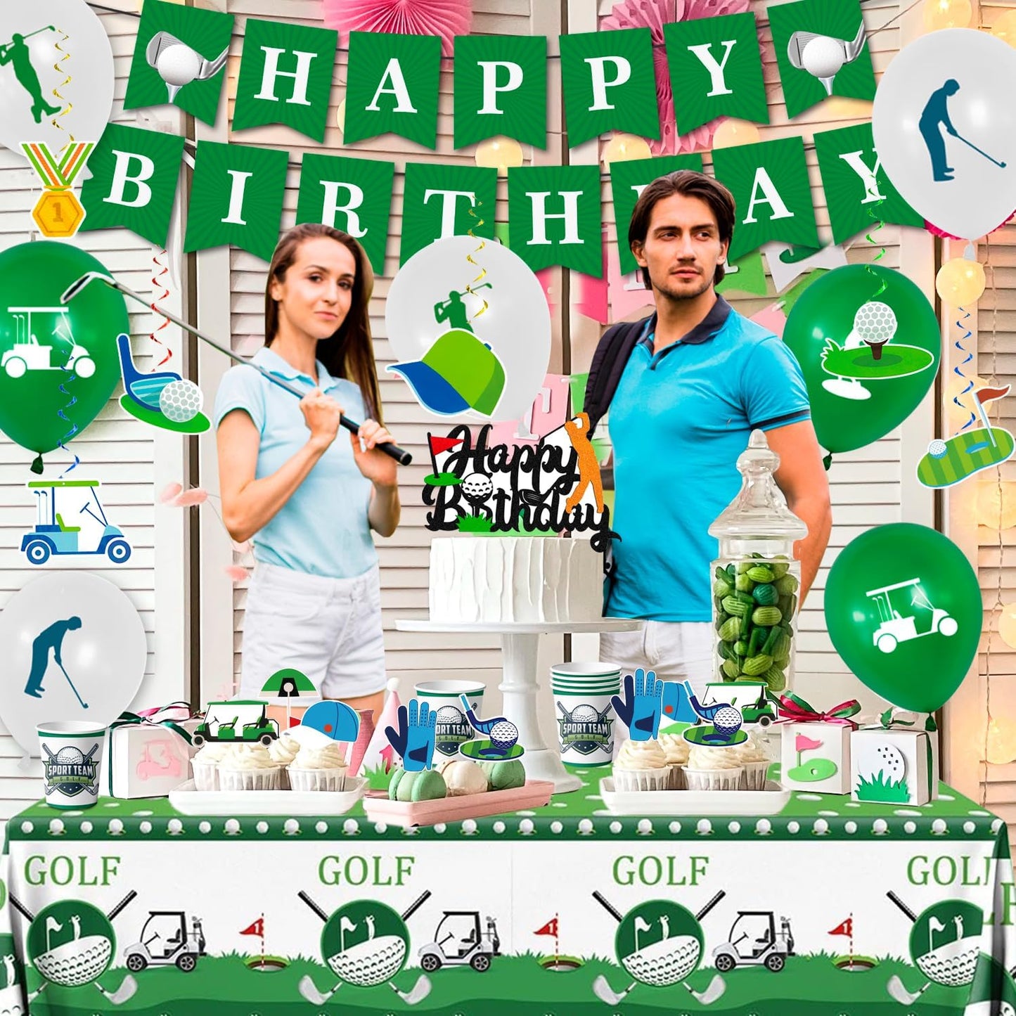 159pcs Golf Birthday Party Decorations Supplies, 16 Guests Golf Party Tableware Set Golf Birthday Banner Balloons Sport Party Plates Napkin Tablecloth etc