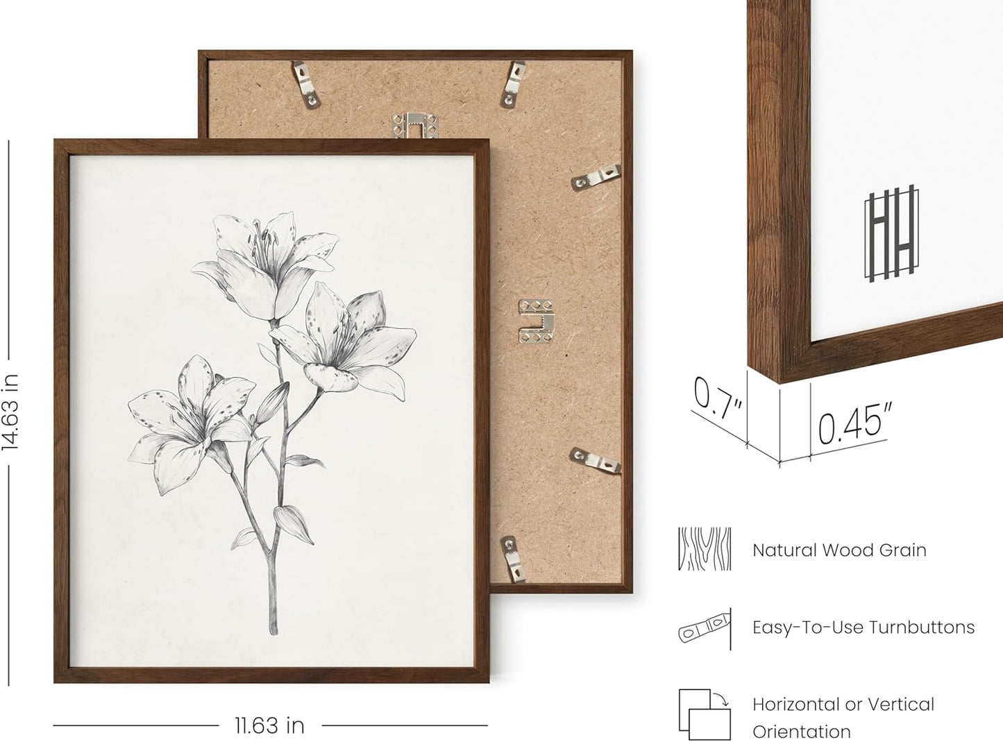 Haus and Hues Grey Floral Wall Art - Set of 4 Plant Posters for Wall Vintage, Botanical Prints, Black and White Flower Pictures for Room Aesthetic, Farmhouse Bathroom, Rustic Art (Walnut Frame, 11x14)