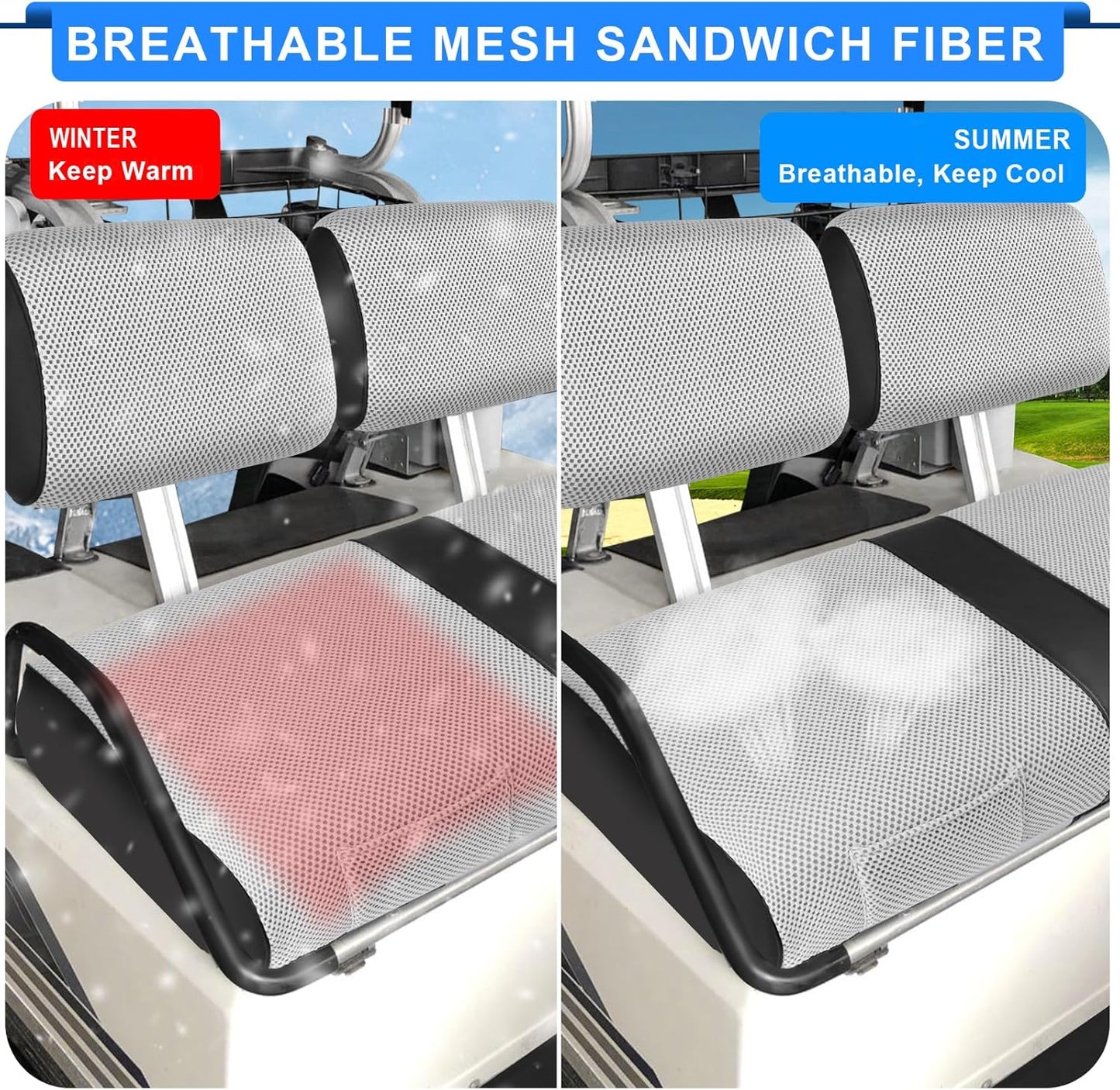 iLSKW Golf Cart Seat Covers for Club Car DS Pre-2000 Seat Cover OEM Front,Breathable Fabric and Leather Front Seat Cover,Full Wrap-Around Design of Club Car DS 1982-2000 Golf Cart Front Seat Cover