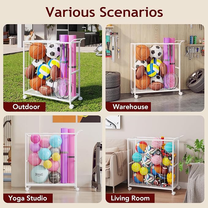 Ball Storage Bin Rolling Sports Ball Cart, Metal Garage Organizer Sport Rack - Image 4