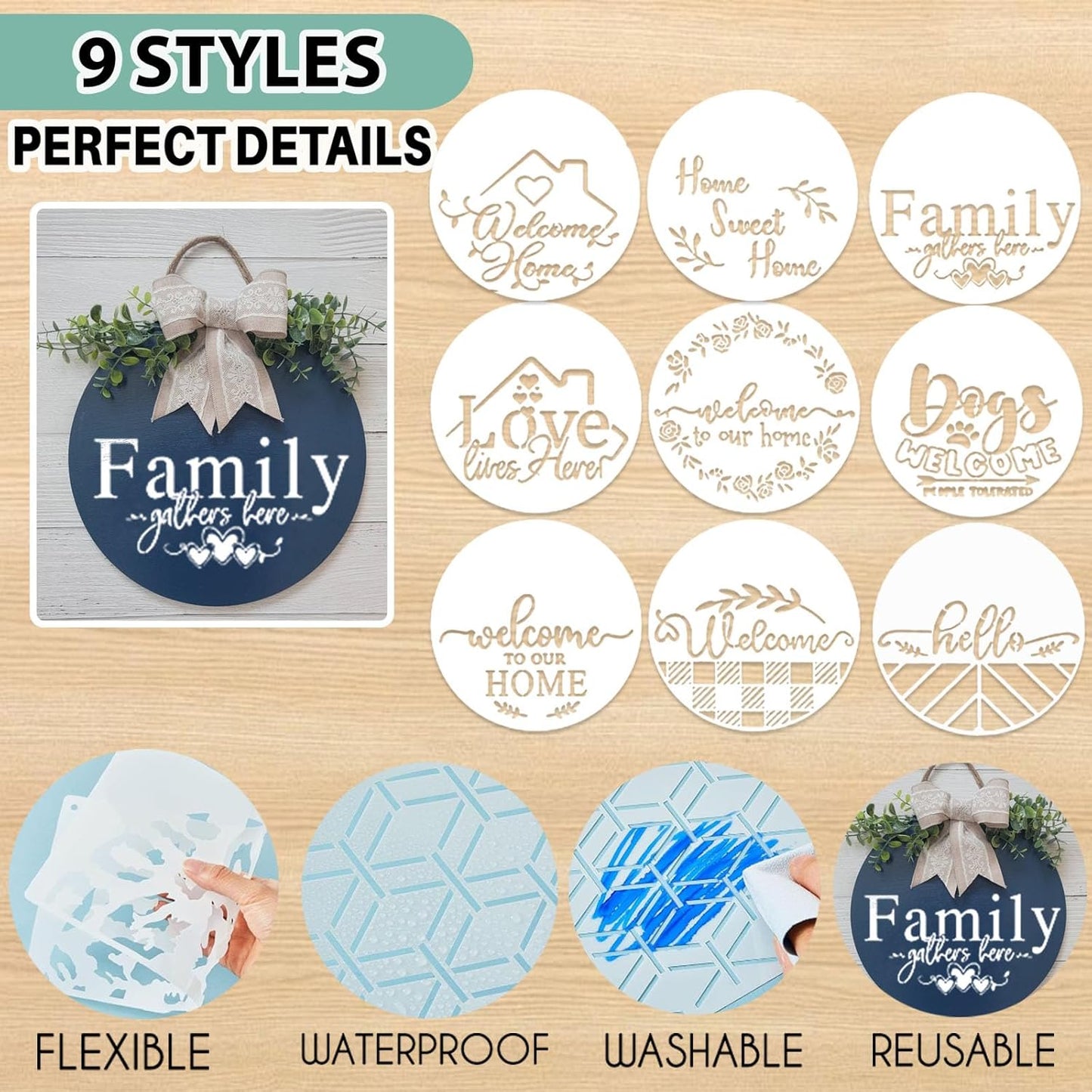 12 Inch Wood Circles for Crafts, 10Pcs Unfinished Wood Rounds with 9Pcs Welcome Stencils & 12Pcs Painting, DIY Wooden Crafts for Door Hanger, Wood Burning, Painting, Thanksgiving Day Christmas Decor