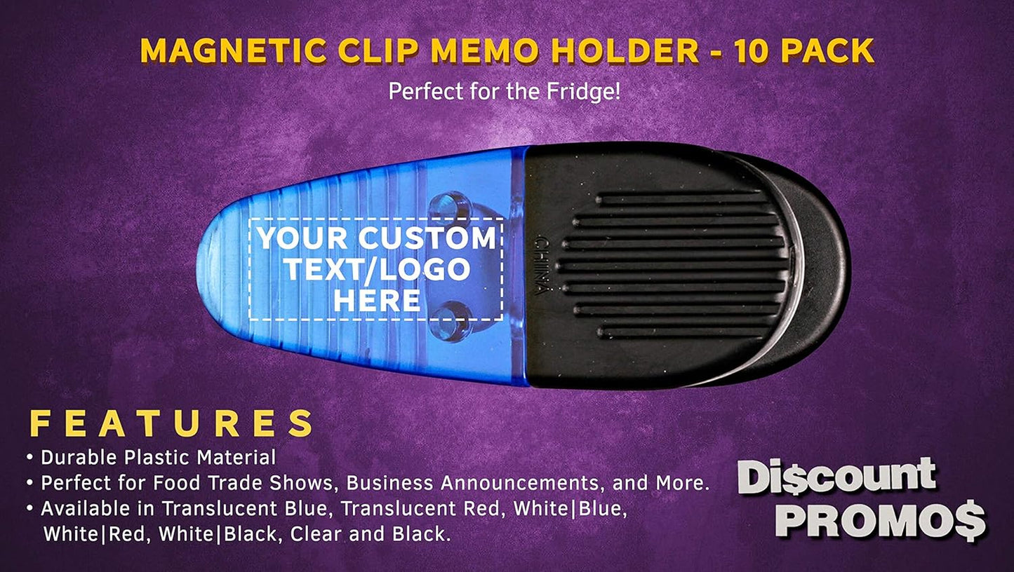 10 Magnetic Memo Holders Set - Customizable Text, Logo - Large Clip, Plastic - TBlue