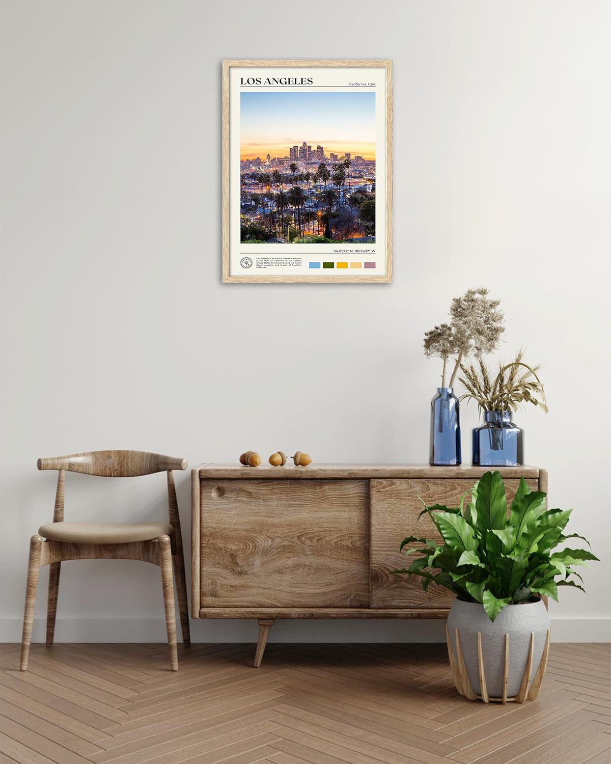HesenDot Natural OAK Wood Los Angeles Cityscape Framed Wall Art,12x16in City Skyline Canvas Wall Print,Modern Urban Landmark Wall Decor for Living Room,Bedroom,Office Gallery Gifts Set of 1