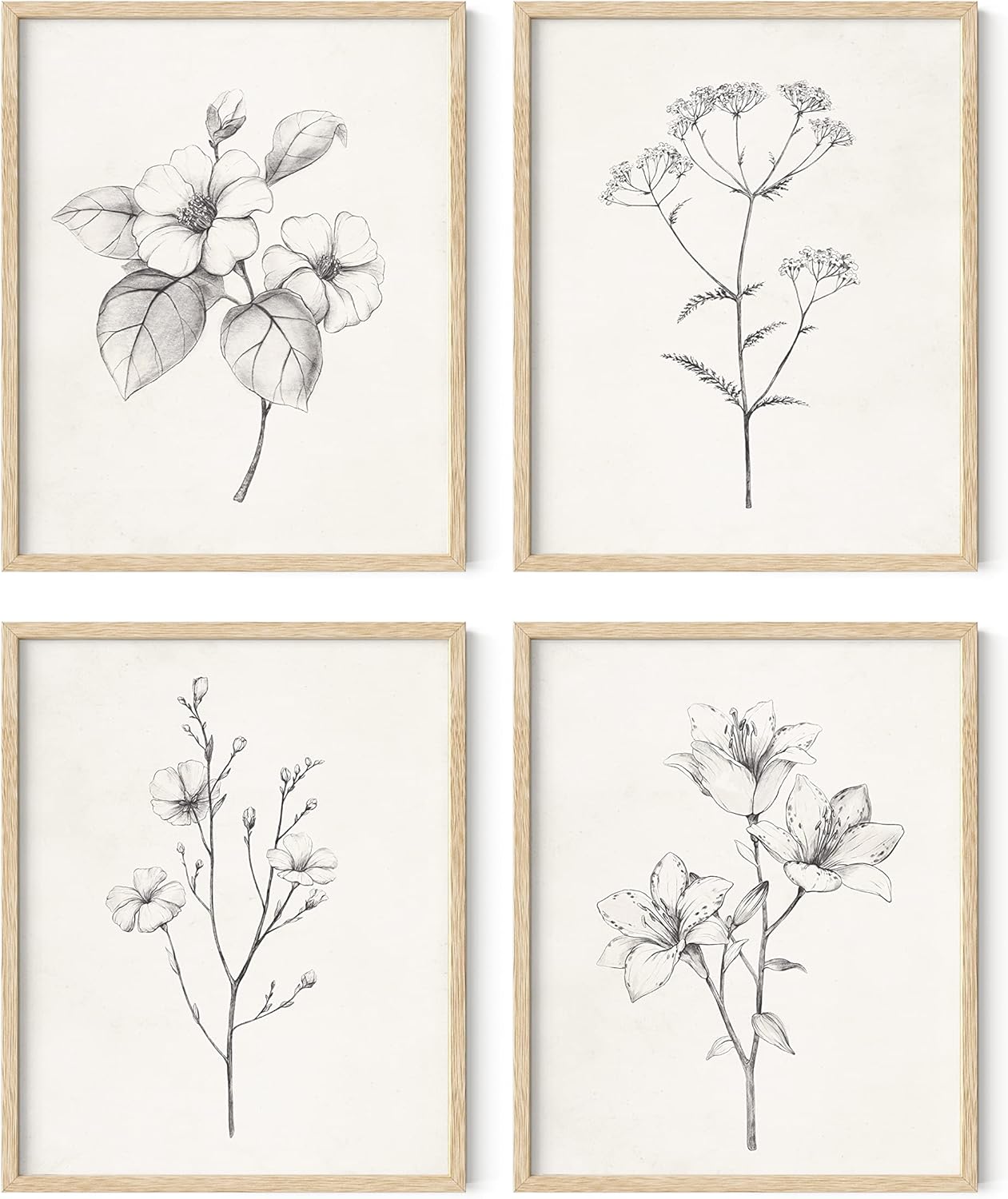 HAUS AND HUES Grey Floral Wall Art - Set of 4 Plant Posters for Wall Vintage, Botanical Prints, Black and White Flower Pictures for Room Aesthetic, Farmhouse Bathroom, Rustic Art (Beige Frame, 8x10)