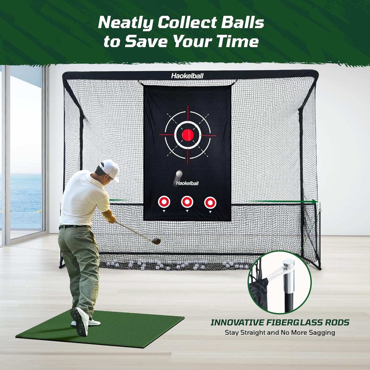 Haokelball Golf Practice Net - 10x7.5ft Hitting Net with Target Cloth for Indoor or Outdoor Use, Heavy Duty with Carry Bag